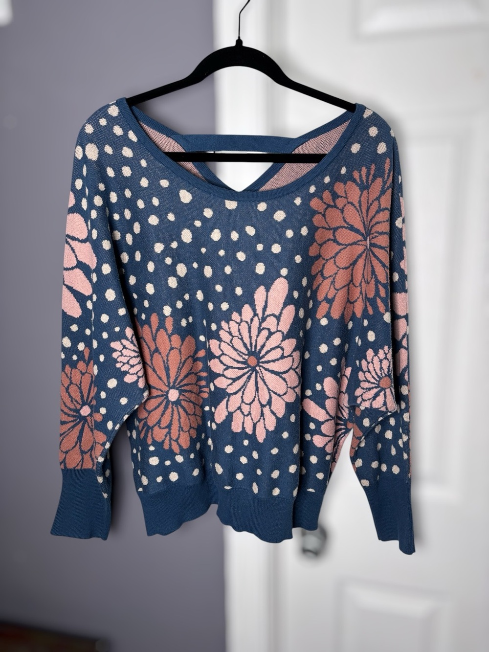Evy’s Tree The Helena Blue Floral Polka Dot Sweater XL